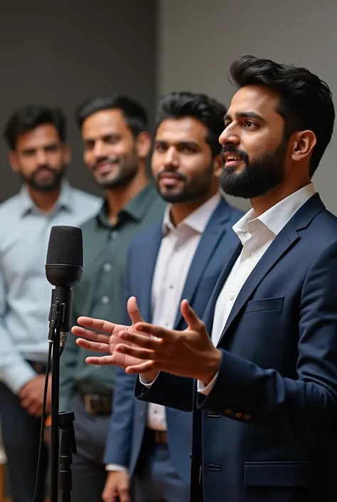 A indian fair skin 24 men in frunt face speech to ab podcast mic with studio