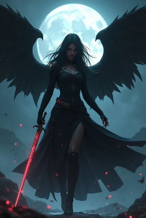 Busy woman with a sword and a full moon in the background, concept art by Yang J, Artstation contest winner,  fantasy art , diablo 4 lilith, 4k  fantasy art , The villain has the wings of a black angel , dark sorceress full view, 2. 5 d cgi anime  fantasy ...