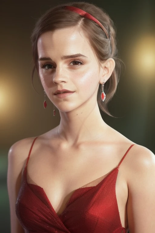 photo of seductive (Emma Watson), a girl as a sexy student, Long Straight Hair, Big Breasts, (sexy Slit Red Dress), at an (2000s style) dragon background, fantasy, (masterpiece:1.5) (photorealistic:1.1) (bokeh) (best quality) (detailed skin texture pores h...