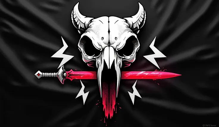 Tribal Flag for the nation of Isaran. Black Background, White Accents, Bear skull with a Red Gemstone Sword Through its Mouth