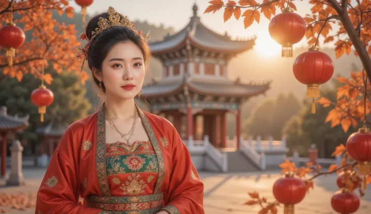 Tang Dynasty，Girl wearing Hanfu，Golden autumn October， and bear fruit ，A temple for two 。 can use a festive red tone ， to show the excitement of the wedding and the happiness of the two。