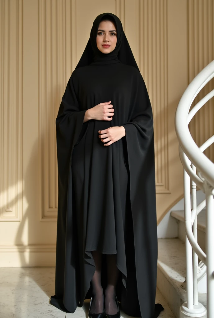 She is wearing a traditional black veil that covers her head and body. The woman is wearing black tights and black high heels. Her hands are positioned so that one is resting on her chest and the other on top of it, her fingers lightly touching the fabric ...