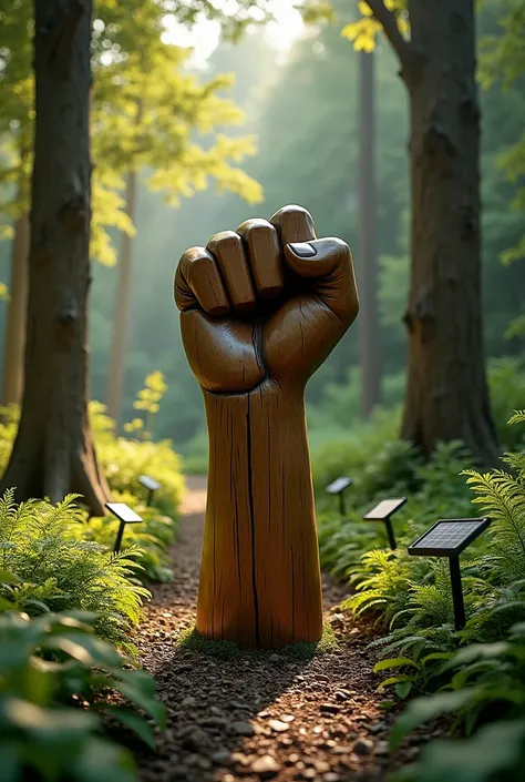 Create me a fist wood whereabouts with solar lighting