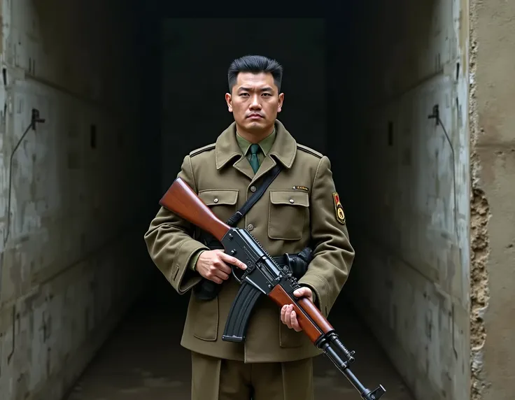  Create a North Korean soldier, wearing a tight uniform , holding an AK-47