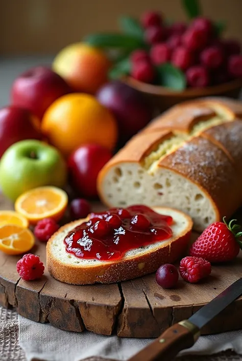 Make me an image that shows fruits and a piece of bread with artisanal jam with shades of warm colors that is striking and striking
