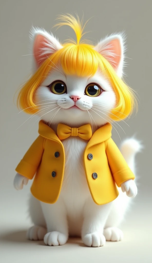 a cute white cat standing, in a jacket with a yellow collar with a bow tie, wearing a playful short bob wig, looking at the front, realistic