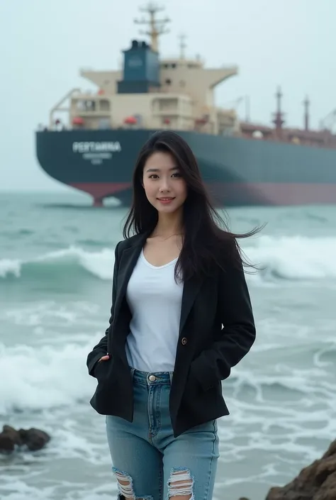  stunning portrait of a beautiful Korean woman wearing a black jacket and a white T-shirt , long jeans torn at the knee ,standing in the harbor , sees a large tanker belonging to Pertamina ,  smiling woman looking in front of camera drone dj1 one , featuri...