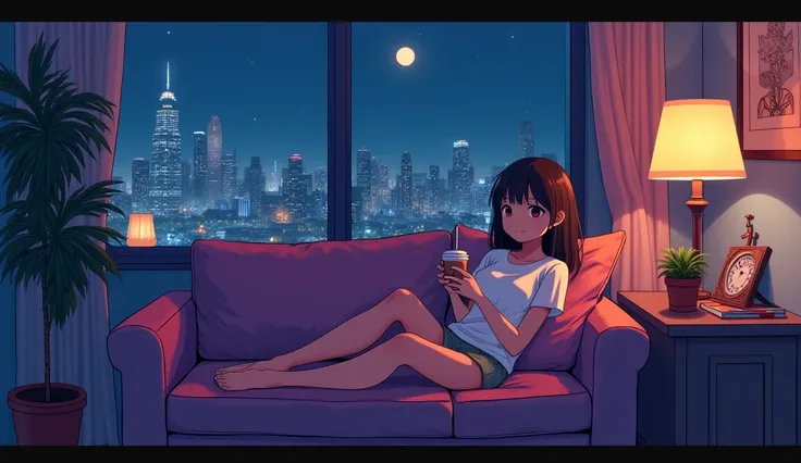 Image of the lyrics below「chill night」 、Woman listening to music、90s city pop style art illustration、Comfortable rooms、 comfortable sofa 、Comfortable lighting 、Relaxing while drinking coffee 、night、 Japanese anime