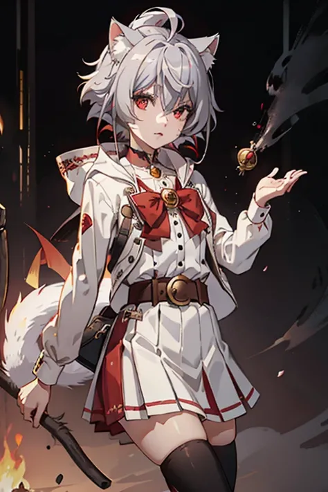 1girl, solo, cat ears, grey hair, animal ear fluff, bangs, cat girl, red eyes, ahoge, short hair, fang, hair between eyes, slit pupils, =3, cat tail, white jacket, white shirt, pleated skirt, red skirt, belt buckle, red bowtie, choker, cleavage, collared s...