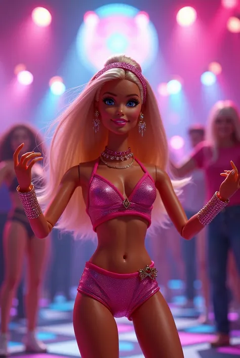  high resolution, Barbie shows dance moves in a selfie camera to fans, 
 modern disco popular dance,  modern dance costume ,  wrist bracelets , headband , in Barbie Country ,  cartoon costume 