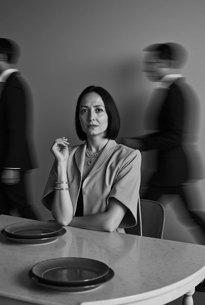  Woman sitting at a table in high fashion ,  jewelry posing for a Vogue photo shoot on a gray background from the kitchen with furniture and plates around it. She wears minimalist Balenciaga clothes, a black dress with a long gray cape and Davidoff Vega je...