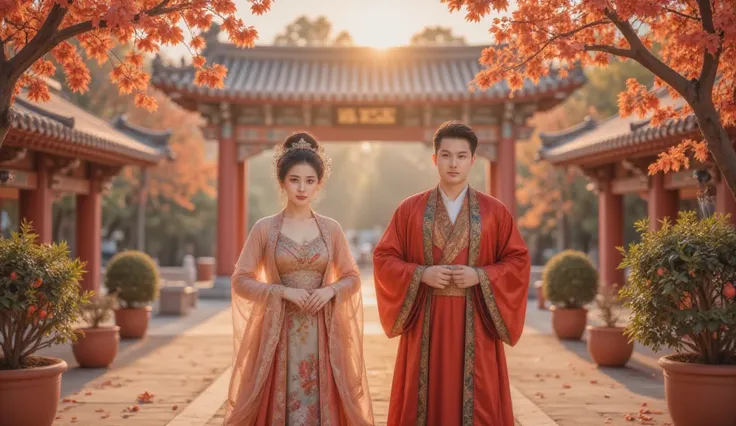 Tang Dynasty，Girl wearing Hanfu，The boy wears Hanfu ，Golden autumn October， and bear fruit ， and the two enter the wedding hall。 can use a festive red tone ， to show the excitement of the wedding and the happiness of the two。