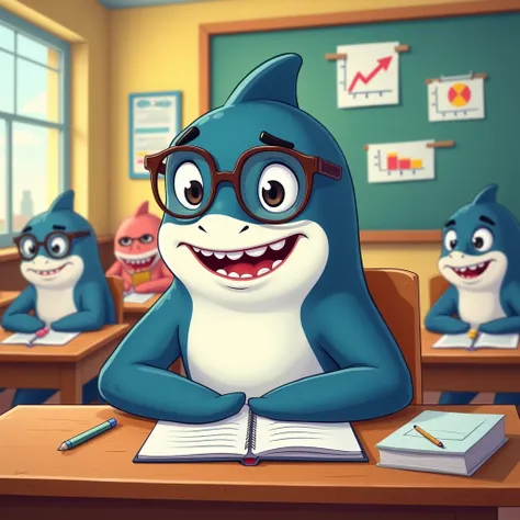 Draw me a friendly adult shark with glasses in a classroom that is learning about economics
Cartoon style