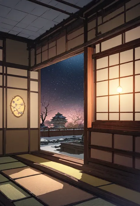 scenery, inside room, ryokan, tatami room, a table in the room, one light on the ceiling, fantastic night sky outside, snow outside, lamp in the corner of the room, shoji, hanging scroll, gorgeously decorated in Japanese style, warm and a little bright col...