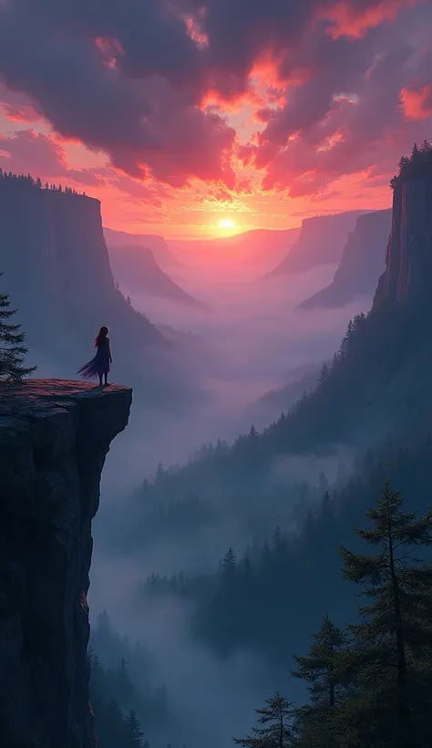 A wide-angle digital illustration that immerses the viewer in a breathtaking and epic setting, with the subject placed farther away to emphasize the vast, dramatic landscape around her. The scene takes place at the edge of a cliff overlooking a vast, mist-...