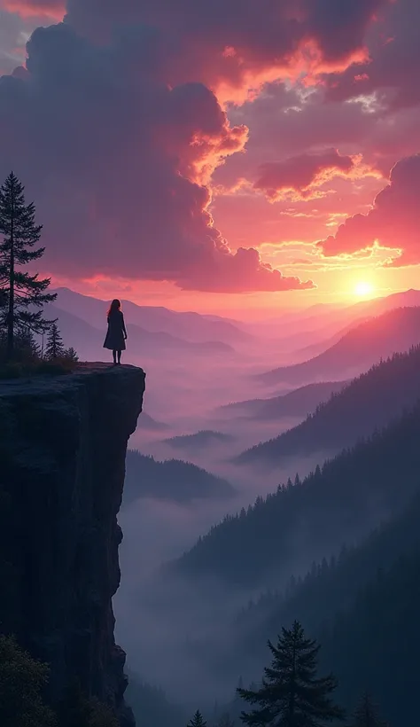 A wide-angle digital illustration that immerses the viewer in a breathtaking and epic setting, with the subject placed farther away to emphasize the vast, dramatic landscape around her. The scene takes place at the edge of a cliff overlooking a vast, mist-...