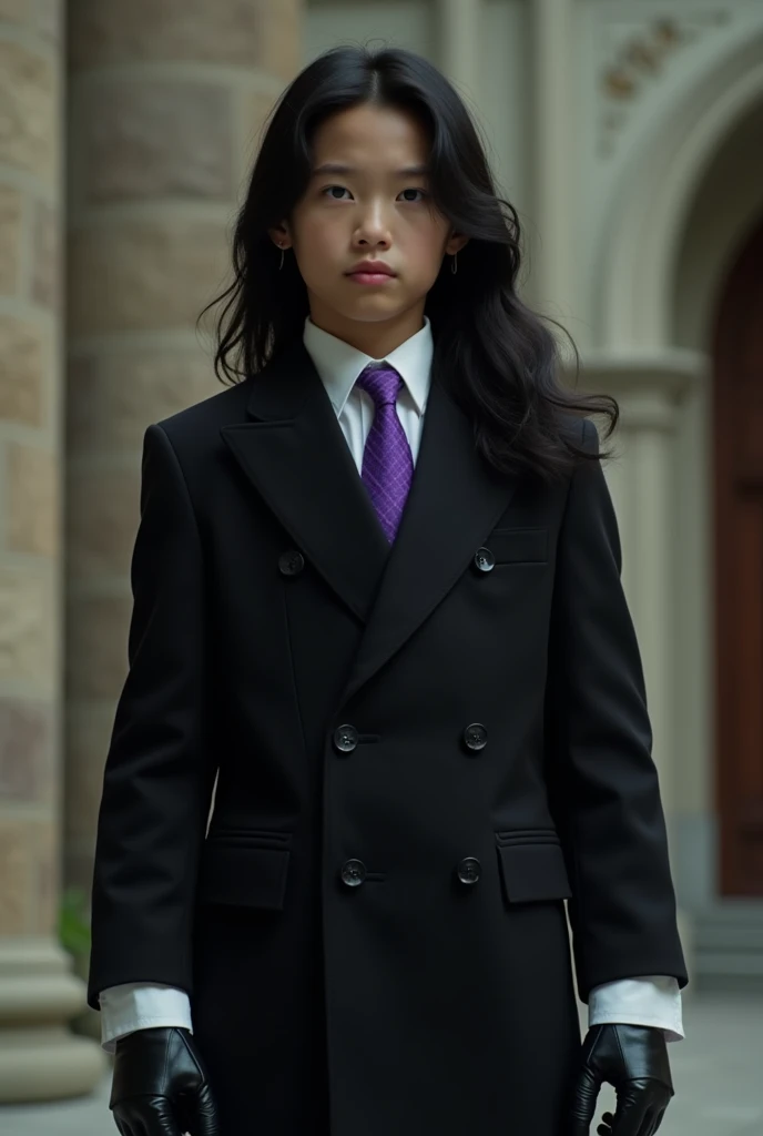 Live Action pre teen Asian boy with Long Flowing black Hair, With a Stoic Expression, Wearing a LONG Sleeved, Baggy Black Double Breasted Suit that reaches the ground over a Baggy White Dress shirt Properly Tucked in With The Sleeves with cuffs Covering th...