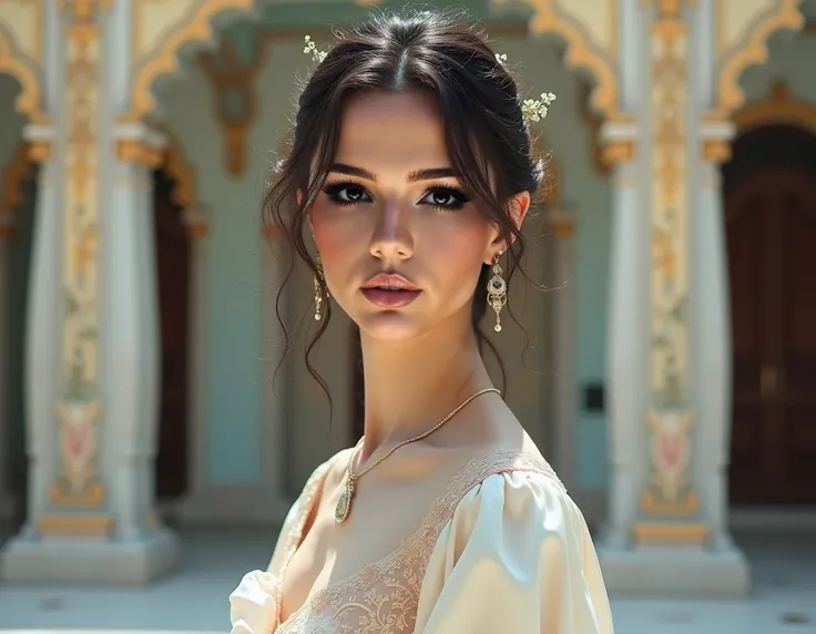 (UHD,16K,RAW photo, high quality:1.2, masterpiece:1.2),1 girl, bandeau dress, literary and artistic, beautiful, elegant, slender eyebrows, clear eyes, rosy lips, soft skin, satin long-sleeved blouse with golden edges, antique long-sleeved dress, fuqin post...