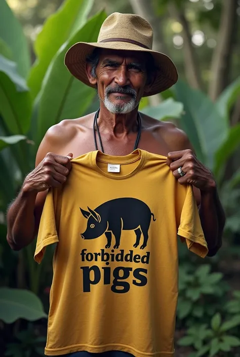  a caipira holding a shirt with a drawing on the shirt saying "Forbidden pigs "
