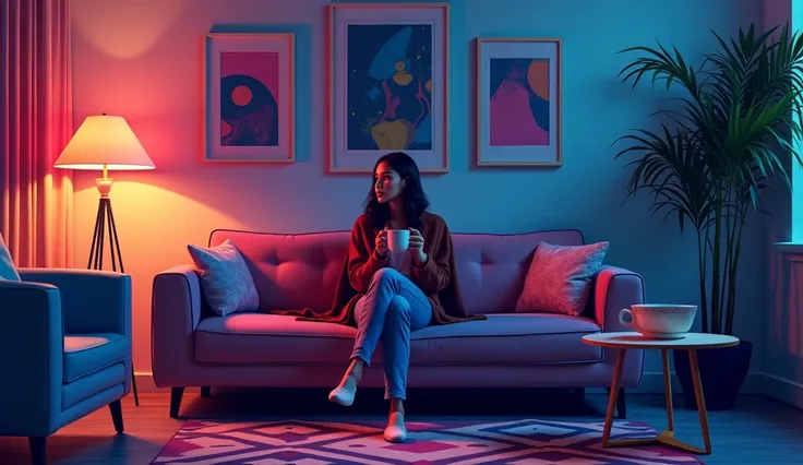 Image of the lyrics below「chill night」 、Woman listening to music、Comfortable rooms、 comfortable sofa 、Comfortable lighting 、Relaxing while drinking coffee 、night、80s pop art style illustration