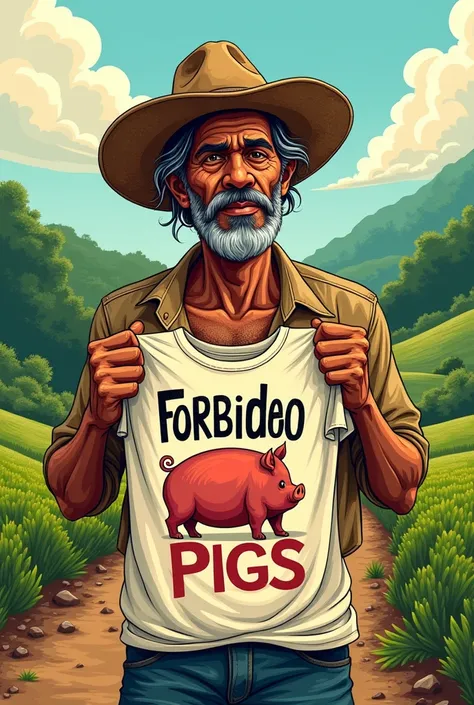 drawing of a caipira holding a shirt with a drawing on the shirt saying "Forbidden pigs "  in Portuguese
