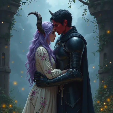 
2.  On top of a ruined tower :

 The red-skinned man ,  yellow eyes and semi-short black hair ,  with her black armor worn down by the fight , , she holds tightly the pale-skinned woman ,  majestic horns and cascading lilac hair .  His natural tunics seem...