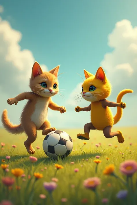 A cat plays football with one yellow passion fruit.passion fruit have legs.they are on two side 