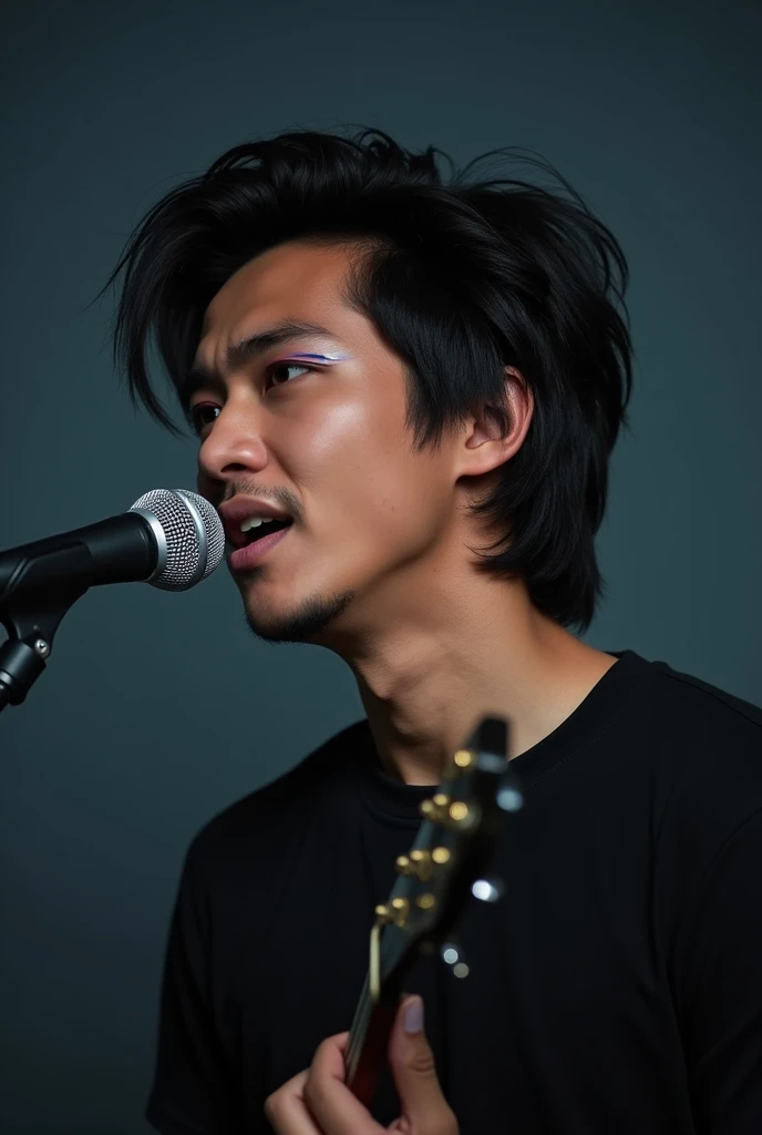 An Indonesian male rocker with a medium hair style and both eyes wearing eyeshadow in front of a standing mic ready to sing the song with his eyes staring at the mic,  wearing a black t-shirt , realistic look , photography  