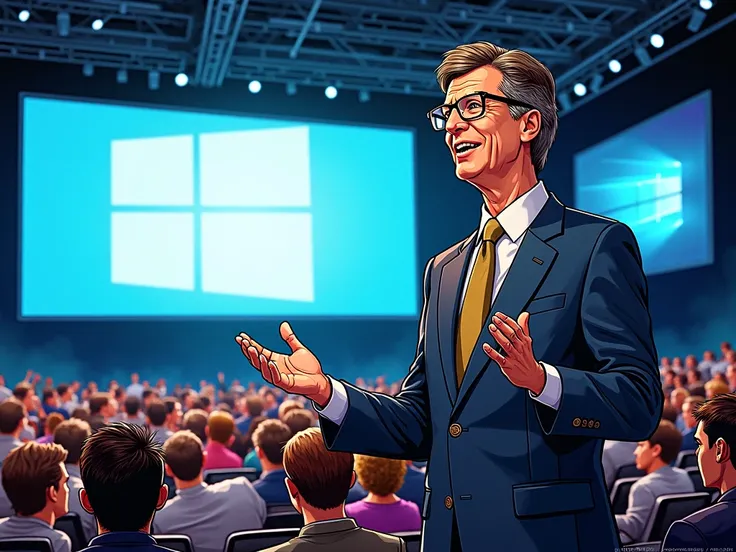  in comic style, generates an image where Bill Gates presents the graphical interface to the public as a Windows product