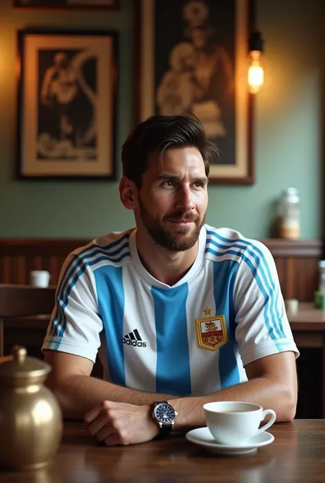 (photorealism:1.2), leonal Messi, sitting  on a traditional tea shop of kerala, wearing lunki -Argentina team jersey , Casio F91w watch, 