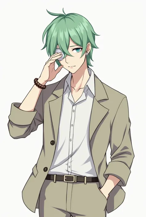 日本illustration风格, male，human，Working for the mafia close to the cadre level ，182cm/70kg【 Hair color 】 Light green #70a19f， Medium split hair ，【Eye color】light blue#afdfe4 ，【color】white【apparel】 Short back shirt in front + Antique pocket watch ，【Features】 B...