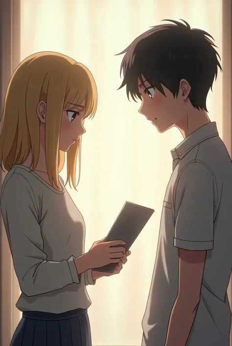 a 20-year-old blonde girl hands a brochure to the 19-year-old boy about a drug rehabilitation center ( anime style)