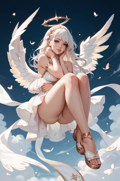 <  A human with long, smooth white hair ,  with pink lips and a really beautiful body ,  she carried with her ,  an angels halo ,  wings not so big , A white dress hit the knees and a pair of gold ribbon sandals she is naked