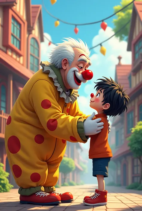 Two characters. (An elderly man with white hair and a mustache, clown makeup under eyes, red nose, yellow clown outfit with oversized pants, big red shoes, white gloves, polkadots on his suit, smile). Character 2: (a young boy, big smile, messy black hair,...