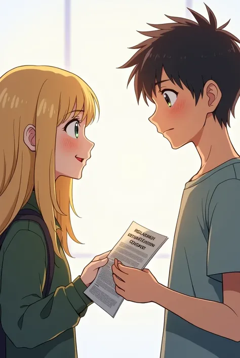 A 20-year-old blonde girl hands a brochure to the 19-year-old boy about a drug rehabilitation center who is a boy who is taller than her and looks tired and has dark circles ( anime style)