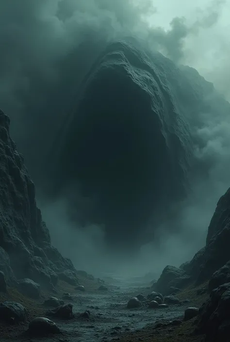 A cave with sinister smoke in a heavy environment with some bones on the ground