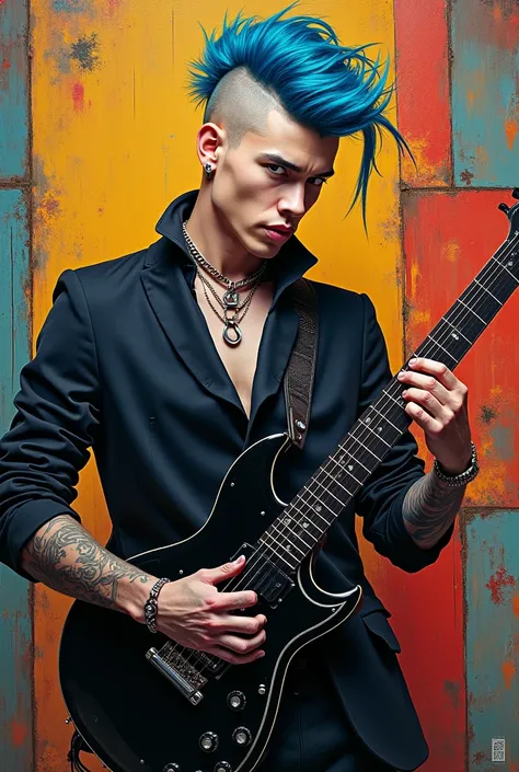  Man with a Black Guitar、30th Generation、Mohawk、Hanging eyes、 blue hair 、Artistic、masterpiece、Illustration