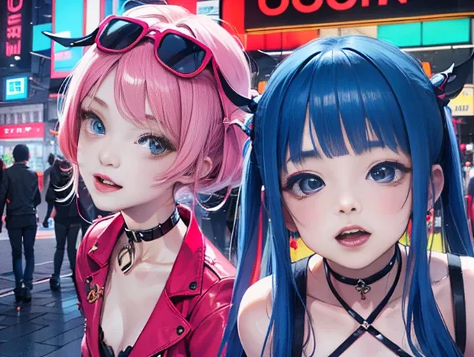 An Anime Illustration of 2 happy cyberpunk girls,  Cyberpunk Girl with Confident Laughter, ((Harajuku Pop Outfits )), bold colors and patterns, Eye-catching accessories ,  Trendy and Innovative Hairstyles , Brilliant Makeup , (( Dynamic Poses)),  Futuristi...