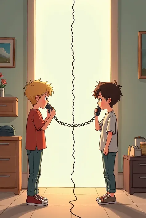 The image would be "The same boy earlier answered the telephone. Turns out it was his friend.  Show his friend calling him. It should be both of them in that picture. Put a line on the middle. The line should be between them. They are in different houses. ...