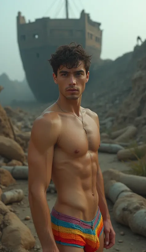 A male model stands sensually in modern, colorful underwear looking into the camera. His beautiful eyes can be seen and behind him Noahs Ark, in a decaying nothingness where termites evolved into robots and are devouring the remains of the ship, magical re...