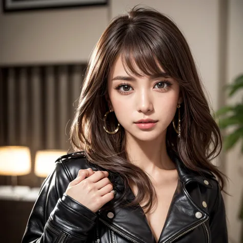 masterpiece, 8K, Award-winning photo, photoRealistic, Realistic, Very detailed, Ultra-high resolution, Ray Trakun, ///one person, (Leather jacket), The most beautiful, 30-year-old, (sexy, Japanese beauty), look at me and smile, (blown hair:1.2, Long Wavy H...