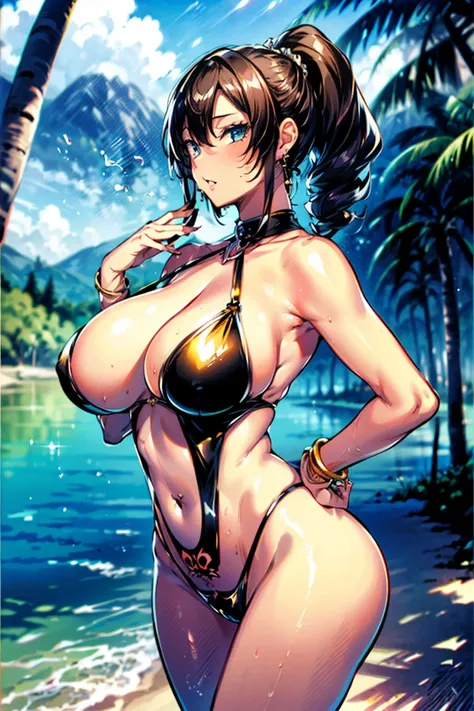  足を広げて beach サイドに立っているbeautiful20歳の黒人スーパーモデル , (Alone:1.5), seductive weak smile,  best quality, glamorous body,  Detailsな顔, Skin Radiance, tying sandal laces, diamond good, whole body,  Bust Focus , 脚を広げて beach サイドに立つ, combing hair with left hand,  sexy m...