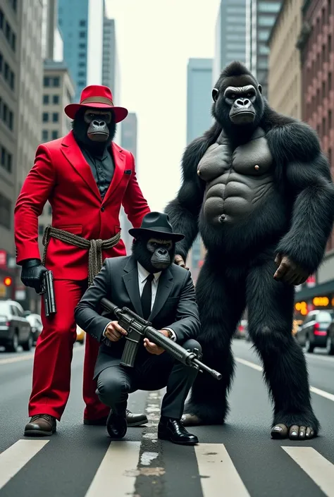   Another group of 3 muscular king kongs creating gangster style  ,   standing on city streets and bridges  ,  in a bent pose . with a gun hanging on his waist , Holding a rifle with both hands,   a black and white striped suit wearing a fedora hat ,  wear...