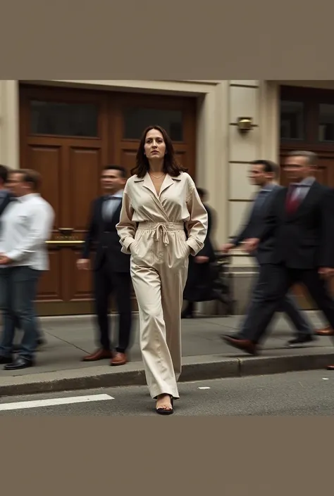 Street photo of a woman in an oversized lightweight pantsuit ,  Shes standing outside .  The image has the effect of blurring ,  natural light and the grain of the film .  Woman in a very confident pose ,  people around her moving with blur behind her and ...