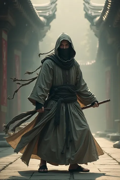 A blind monk with a blindfold,  spiritual warrior who combines martial arts and mental discipline to defeat his enemies with precision and agility.