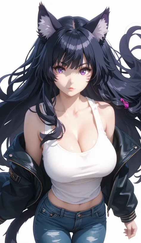 Tall girl, Fit girl,score_9, score_8_up, score_7_up, score_6_up, uncensored, delta, long hair, black hair, animal ears, purple eyes, cat ears, animal ear fluff, facial mark,huge breast, tail, 1girl, solo, long_hair, tank_top, black_hair, denim, jacket, pan...