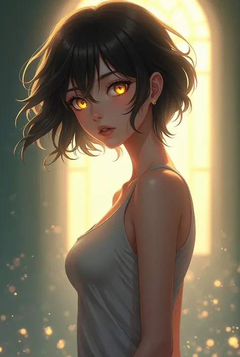 tall anime girl,  golden eyes ,  short wavy hair  