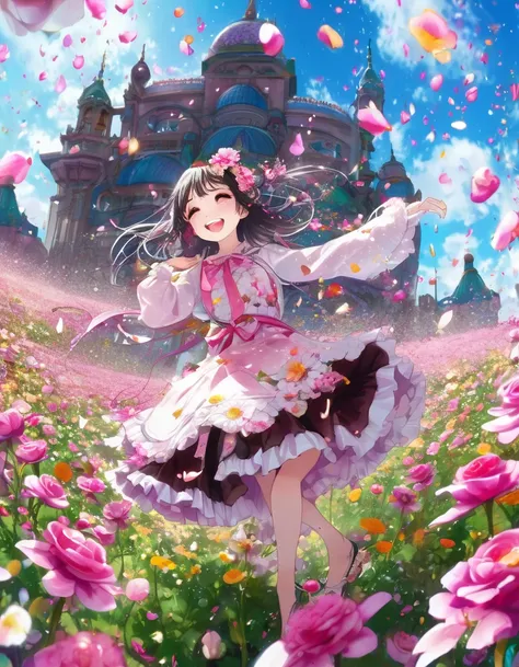 Rain of petals, lots of flowers and petals, petals dancing in the wind, rose flower. Adorable and cute girl, short gothic lolita outfit, twirling happily, lifting skirt hem with hand, laughing happily, partially visible panties, vibrant colors, Shangri-La ...