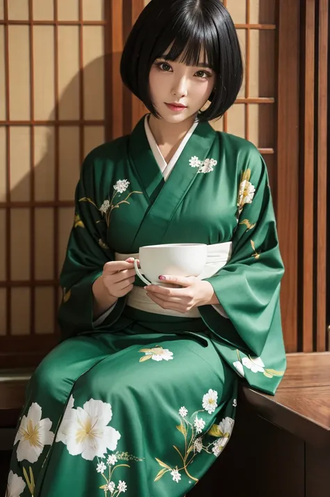 kimono green woman black hair bob