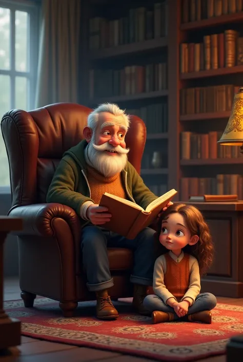 Image of a grandfather sitting in an armchair telling a legend to his granddaughter sitting on a carpet on the floor. imagen 2d